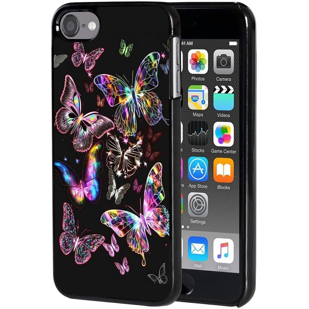 AIRWEE Case for iPod Touch 5th/6th/7th Generation, Slim Fit Shockproof & Lightweight Durable Cover for Apple iPod Touch, Drop Protection Hard PC Shell for Women Girls Men, Colorful Glowing Butterfly