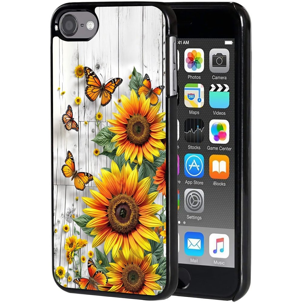 AIRWEE Case for iPod Touch 5th/6th/7th Generation, Slim Fit Shockproof & Lightweight Durable Cover for Apple iPod Touch, Drop Protection Hard PC Shell for Women Girls Men, Butterfly Sunflower