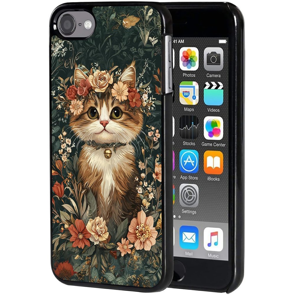 AIRWEE Case for iPod Touch 5th/6th/7th Generation, Slim Fit Shockproof & Lightweight Durable Cover for Apple iPod Touch, Drop Protection Hard PC Shell for Women Girls Men, Cute Cat Flowers