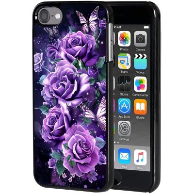 AIRWEE Case for iPod Touch 5th/6th/7th Generation, Slim Fit Shockproof & Lightweight Durable Cover for Apple iPod Touch, Drop Protection Hard PC Shell for Women Girls Men, Purple Butterfly Rose
