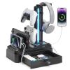 KDD Headphone Stand with USB A&C Charger Ports - RGB Controller Stand with Detachable Hooks - Rotatable Headset Hanger & Device Slot for Phones/Tablets - Drawer Storage Base for Gaming Desk Organizer view 1
