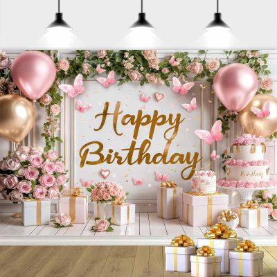10X8FT Pink Birthday Photography Backdrop Rose Flower Butterfly Balloons Background Women Girl Photo Backdrop Party Decorations Newborn Baby Shower Party Cake Table Banner Photo Studio Props