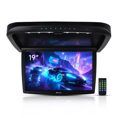 19" Ultra-Thin car Overhead flip-Down Monitor a Wide HD TFT Screen with 1080P Display roof-Mounted Featuring HDMI, IR, FM, USB and SD.