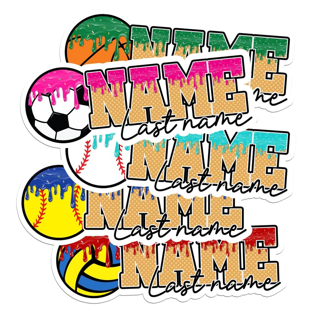 Custom Sport Ice Cream Drip Name Sticker Personalized Text Sprinkle Baseball Softball Soccer Waterproof Die Cut Vinyl & Transparent DTF Decal for Water Bottle Laptop Car Helmet Gifts for Men Women