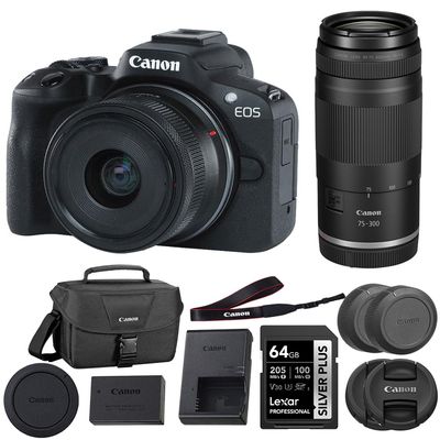Canon EOS R50 Mirrorless Camera with 18-45mm and 75-300mm Lens (Black) Bundle with 64GB Memory Card + Canon 200ES EOS Shoulder Bag (4 Items)