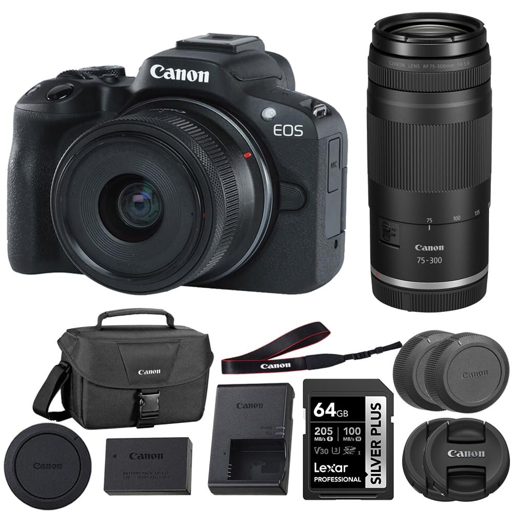 Canon EOS R50 Mirrorless Camera with 18-45mm and 75-300mm Lens (Black) Bundle with 64GB Memory Card + Canon 200ES EOS Shoulder Bag (4 Items)