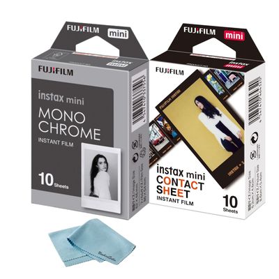 Fujifilm Instax Mini Film Combo Contact Sheet (10 Shots) + Monochrome (10 Shots) + BluebirdSales Microfiber Cleaning Cloth Instant Film for Instax Mini Cameras
