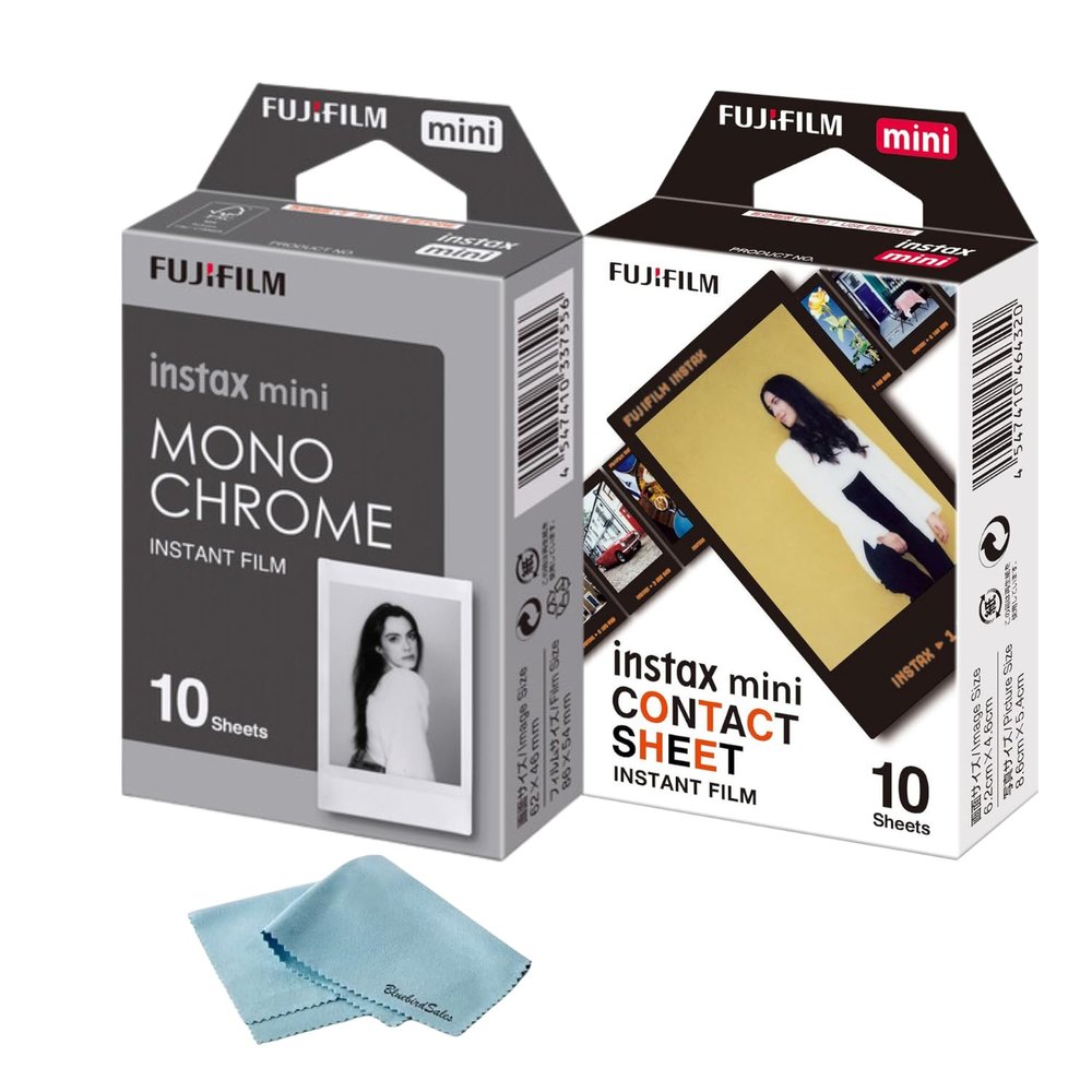 Fujifilm Instax Mini Film Combo Contact Sheet (10 Shots) + Monochrome (10 Shots) + BluebirdSales Microfiber Cleaning Cloth Instant Film for Instax Mini Cameras