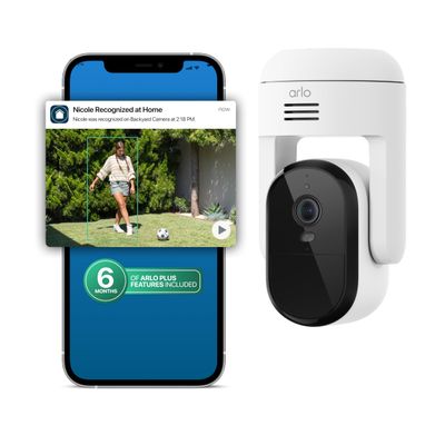 Arlo Essential Pan Tilt Security Camera 2K + 6 Months of Secure Plus Plan - Wired Plug-in Power Outdoor Camera, Person Recognition, Package Detection, Animated Preview, Auto Motion Tracking, 1 Cam