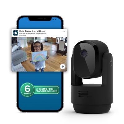 Arlo Essential Indoor Pan Tilt Security Camera 2K (2025 Release) + 6 Months of Secure Plus Plan - Wired Plug-in Power, Person Recognition, Animal Detection, Auto Motion Tracking, 1 Cam, Black