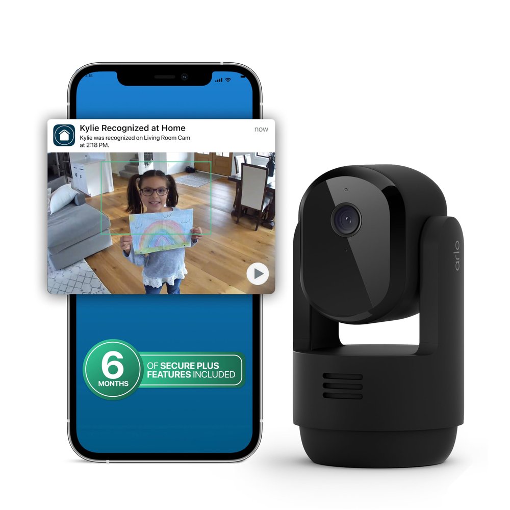 Arlo Essential Indoor Pan Tilt Security Camera 2K (2025 Release) + 6 Months of Secure Plus Plan - Wired Plug-in Power, Person Recognition, Animal Detection, Auto Motion Tracking, 1 Cam, Black