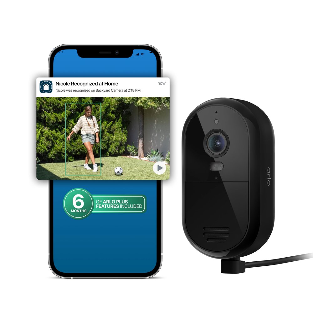 Arlo Essential Security Camera 2K (2025 Release) + 6 Months of Secure Plus Plan - Continuous Wired Plug-in Power Outdoor Camera, Person Recognition, Package Detection, Animated Preview, 1 Cam, Black