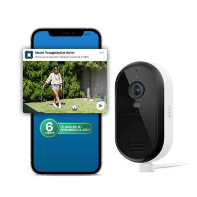 Arlo Essential Security Camera 2K (2025 Release) + 6 Months of Secure Plus Plan - Continuous Wired Plug-in Power Outdoor Camera, Person Recognition, Package Detection, Animated Preview, 1 Cam, White