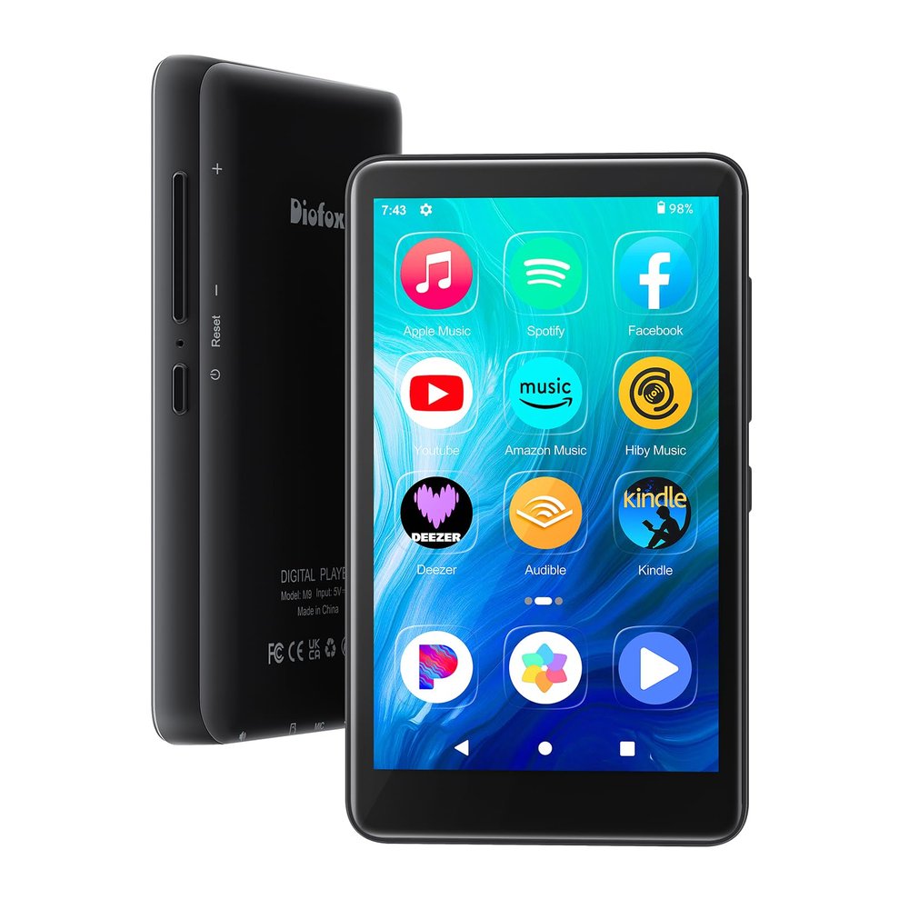 160GB MP3 Player with Bluetooth and WiFi, Diofox MP3 and MP4 Player with Spotify, Pandora, Amazon Music, 4-inch Touchscreen Android MP3 Player with Bluetooth Support 1TB (Black) (Black)