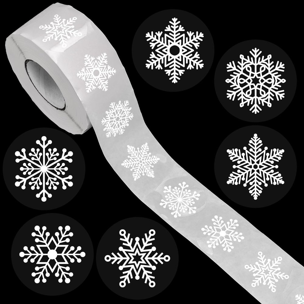1000Pcs Clear Christmas Stickers Roll White Snowflake Seal Stickers Self-Adhesive Xmas Winter Label Decals for Holiday Envelope Invitation Card Gift Decor, 6 Designs