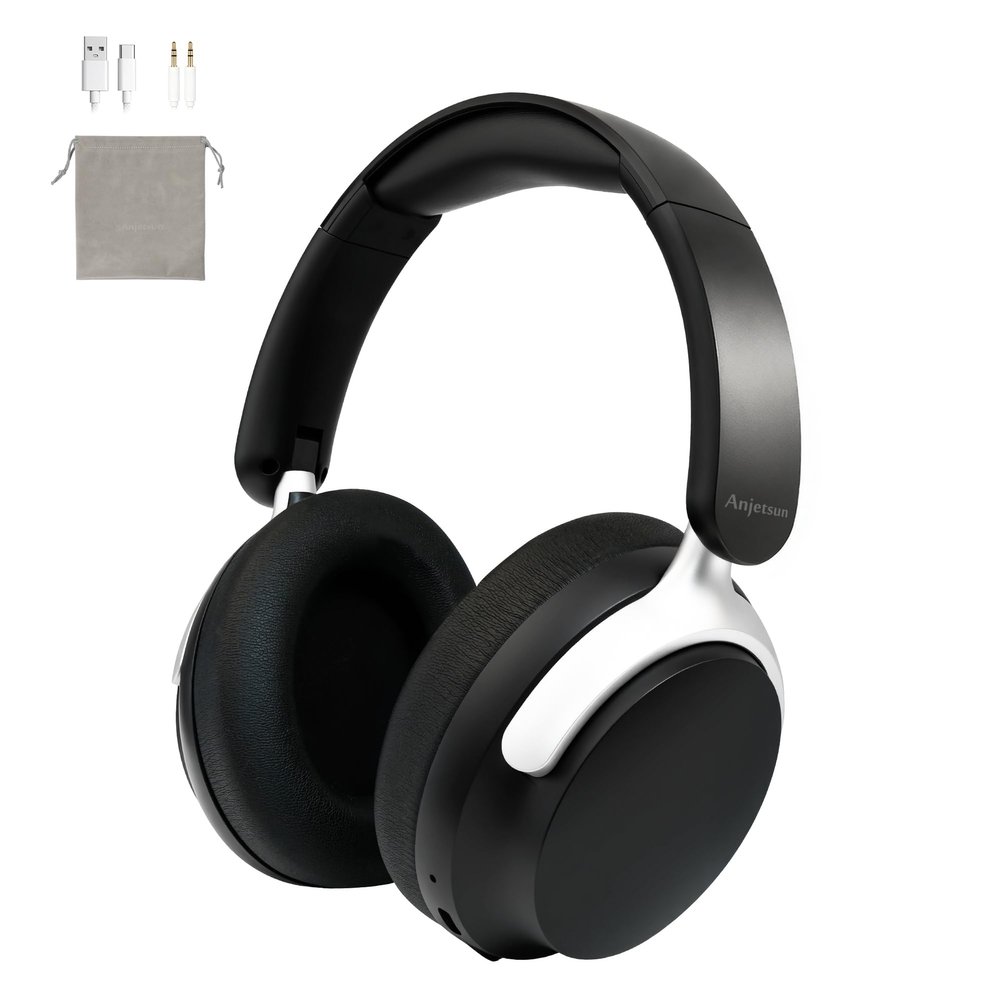 Anjetsun Wireless Headphones Over Ear with ANC, 80H Playtime, Fast Charge, Active Noise Cancelling & Transparency Mode, Comfortable Wireless Headphones for Work & Travel, Foldable Design Black