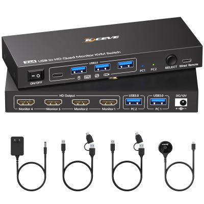 4 Monitors KVM Switch 2 Computers 1080P@60Hz,USB 3.0 KVM Switch Quad Monitor for 2 PC Share 4 Monitor and Keyboard Mouse Printer,with Wired Remote and 2 USB Cables,Driver Installation is Required
