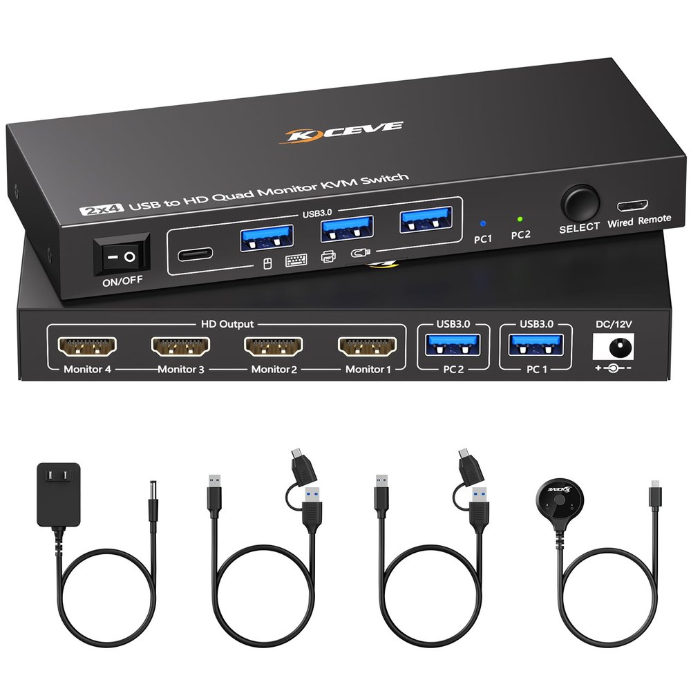 4 Monitors KVM Switch 2 Computers 1080P@60Hz,USB 3.0 KVM Switch Quad Monitor for 2 PC Share 4 Monitor and Keyboard Mouse Printer,with Wired Remote and 2 USB Cables,Driver Installation is Required