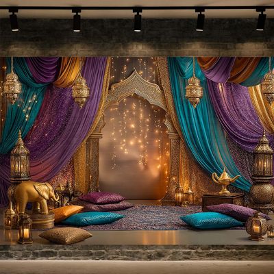 6X4ft Arabian Moroccan Nights Party Photography Backdrop, Moroccan Nights Purple Blue Curtain Lamp Luxurious Princess Wedding Birthday Baby Shower Party Background Decorations Photo Studio Props