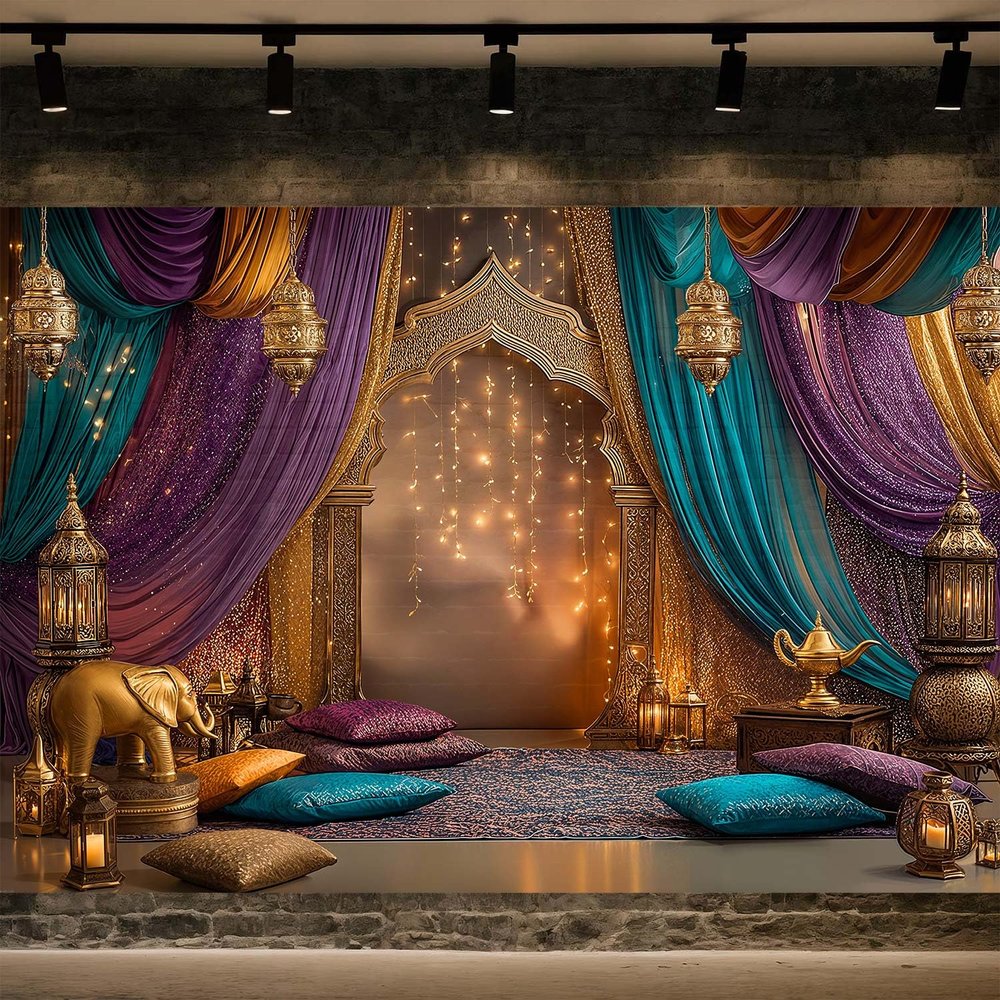 6X4ft Arabian Moroccan Nights Party Photography Backdrop, Moroccan Nights Purple Blue Curtain Lamp Luxurious Princess Wedding Birthday Baby Shower Party Background Decorations Photo Studio Props