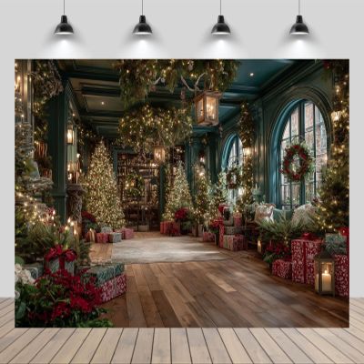 CHNYWORK 8x6ft Christmas Shop Backdrop Christmas Wreath Xmas Trees String Lights Gift Boxes Wooden Floor Background Happy Xmas Eve New Year Party Decor Kids Birthday Wedding Photo Booth Props