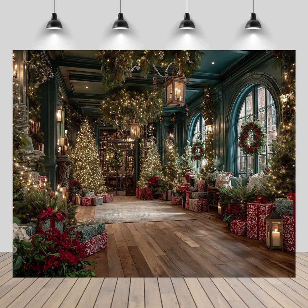 CHNYWORK 8x6ft Christmas Shop Backdrop Christmas Wreath Xmas Trees String Lights Gift Boxes Wooden Floor Background Happy Xmas Eve New Year Party Decor Kids Birthday Wedding Photo Booth Props
