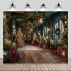 CHNYWORK 8x6ft Christmas Shop Backdrop Christmas Wreath Xmas Trees String Lights Gift Boxes Wooden Floor Background Happy Xmas Eve New Year Party Decor Kids Birthday Wedding Photo Booth Props view 1