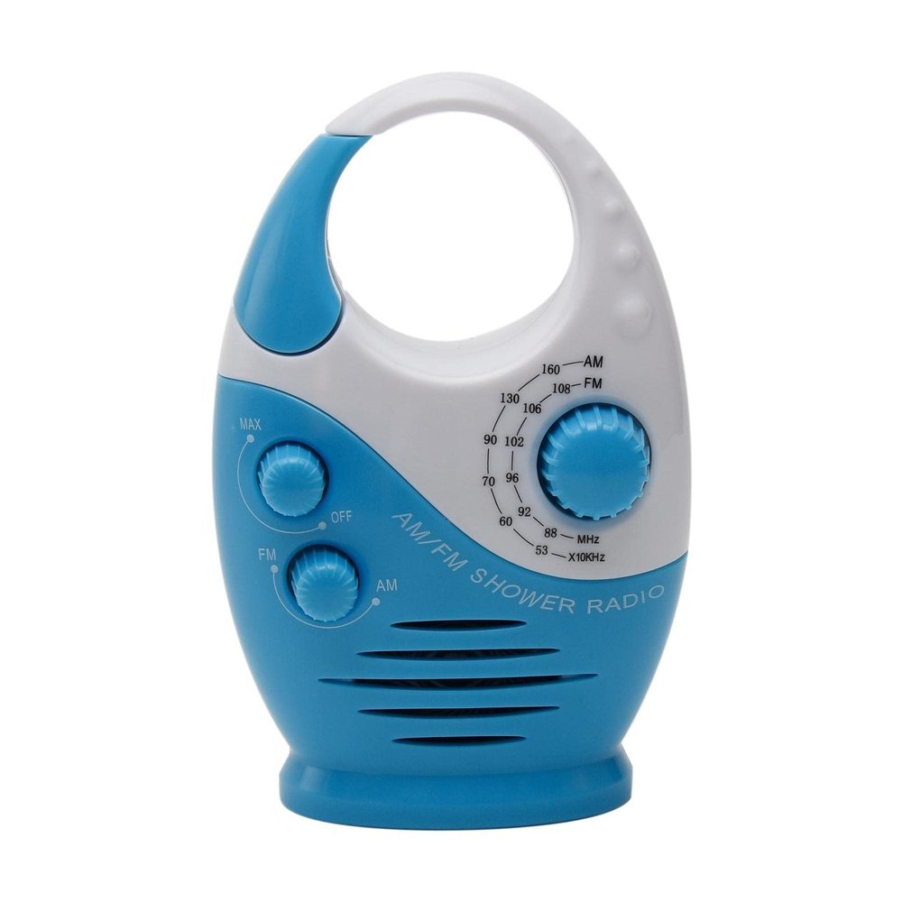 Shower Radio, 3V 0.5W Adjustable Volume Showers AM FM Button Speaker Portable Waterproof Speaker Bathroom Shower Speakers Wireless Radio with Top Handle (Color:White and Blue)