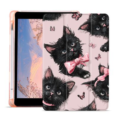 AdorableWhimsy Cute Animal Case for iPad Pro 6th/5th/4th/3rd Gen(2022/2021/2020/2018) 12.9 Inch Aesthetic Kitty Cat Protective Cover Trifold Stand Pink Leather Soft Back with Pencil Holder