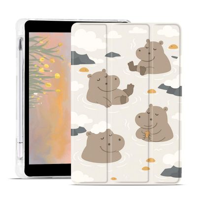 AdorableWhimsy Cute Animal Case for iPad Air 11" M3/M2(2025/2024) for iPad Air 5th/4th Gen 10.9" 2022/2020 Floating Hippo Protective Cover Trifold Stand White Leather Soft Back with Pencil Holder