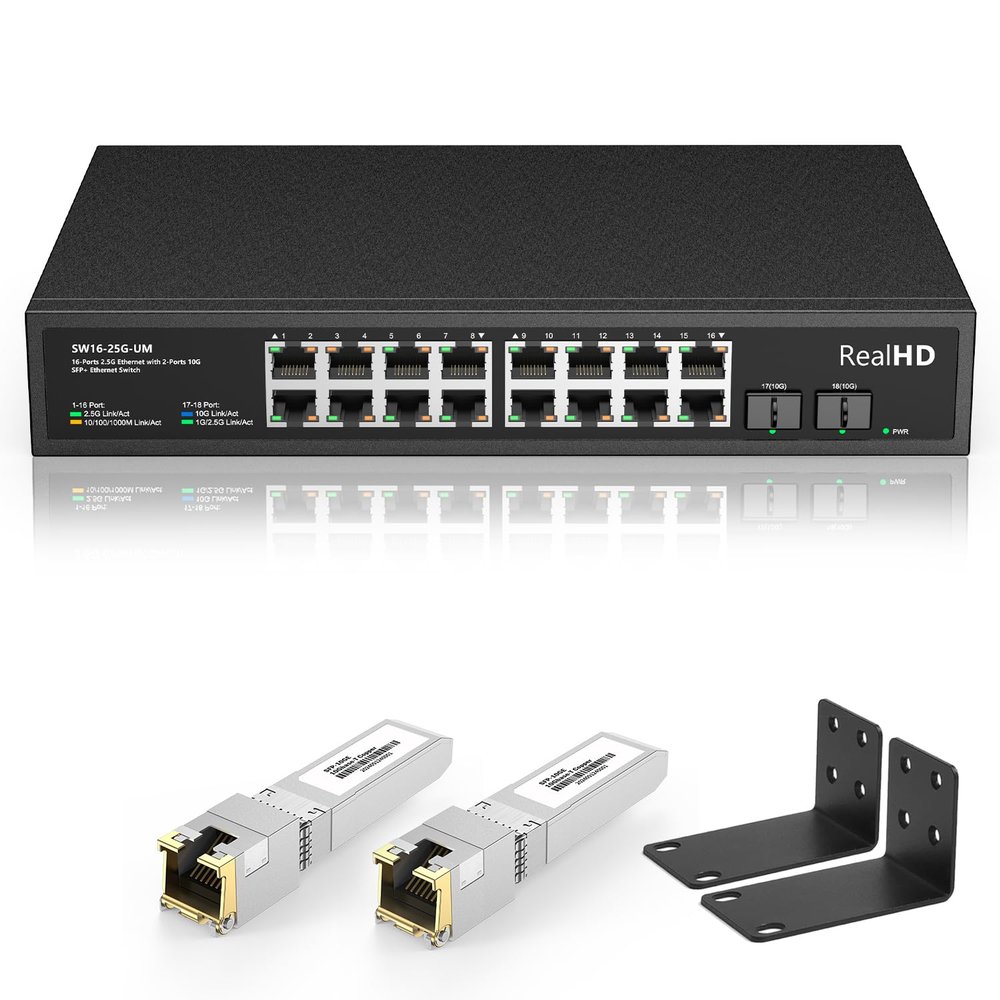 16 Port 2.5Gb Unmanaged Ethernet Network Switch | 16 x 2.5G Base-T Port, 2 x 10G SFP+, Work with 10-100-1000Mbps, 120G Bandwidth, Fanless Quiet, 19 in Rack Mount, 10Gb SFP+ to RJ-45 Module 98Ft(30M)