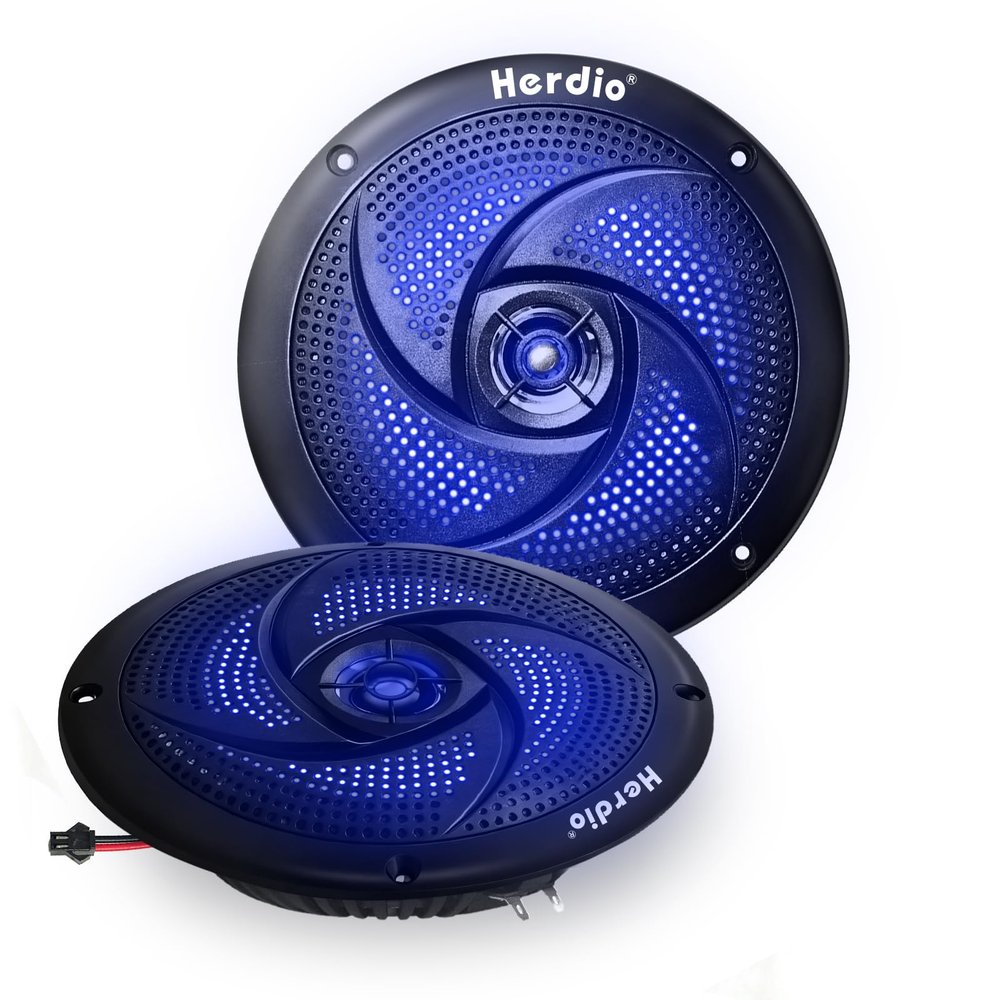 Herdio 6.5 Inch 240W Waterproof Marine Speakers - 2 Way Weather Resistant with LED Lights, and Low Profile Slim Style Suitable for Boat, RV, ATV, UTV, Golf Cart (1 Pair, Black)