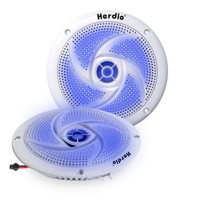 Herdio 6.5 Inch 240W Waterproof Marine Speakers - 2 Way Weather Resistant with LED Lights, and Low Profile Slim Style Suitable for Boat, RV, ATV, UTV, Golf Cart (1 Pair, White)