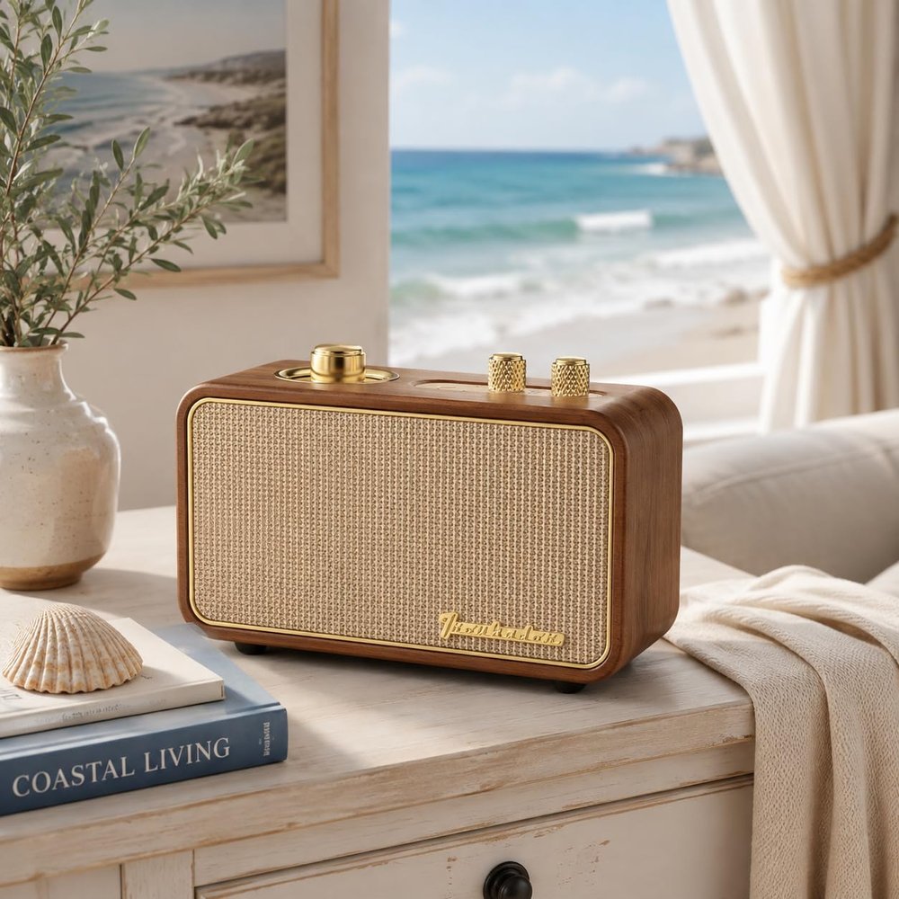 TRENBADER Retro Bluetooth Speaker with Subwoofer, Wireless, Walnut
