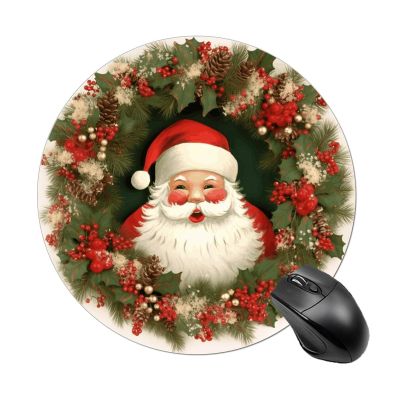 Comfortable Mousepad Waterproof Non-Slip Rubber Base Mouse Pad Christmas Holiday Santa Claus Wreath Round Printed Mouse Mat for Laptop Office