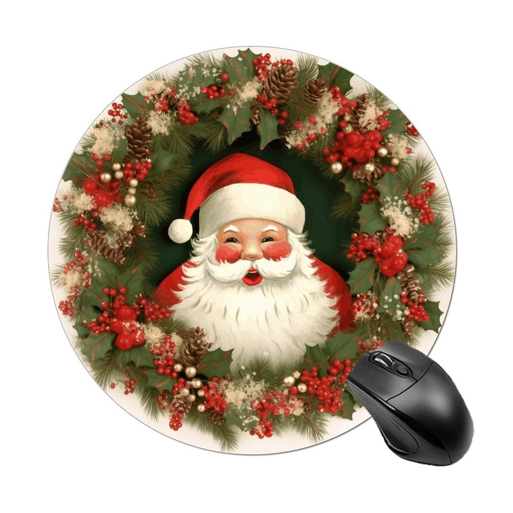 Comfortable Mousepad Waterproof Non-Slip Rubber Base Mouse Pad Christmas Holiday Santa Claus Wreath Round Printed Mouse Mat for Laptop Office