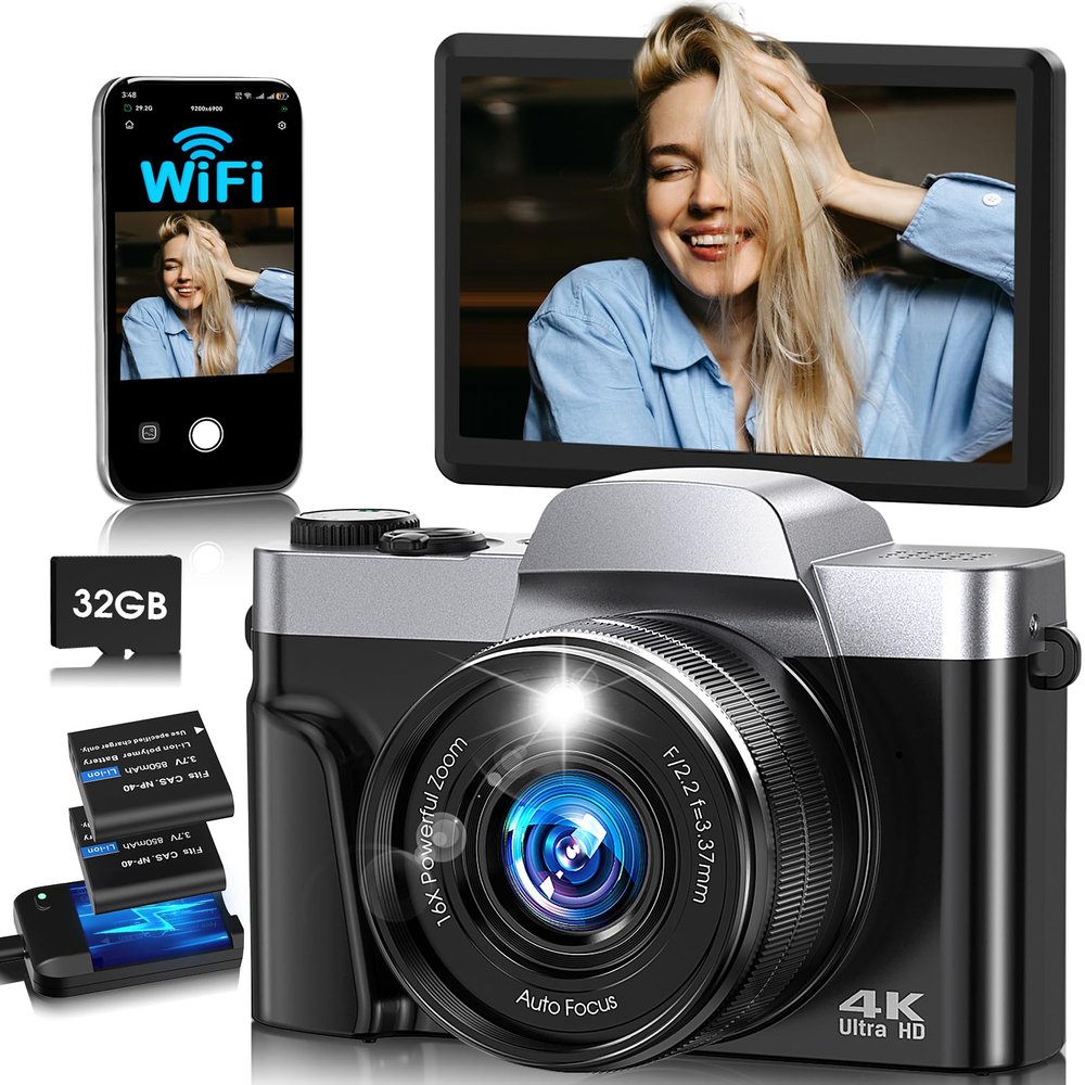 4K Digital Camera for Photography with WiFi,64MP Autofocus Vlogging Camera for YouTube,3'' 180 Flip Screen Compact Travel Camera for Teens with 32GB SD Card,16X Zoom,Anti-Shake,2 Batteries(Black)