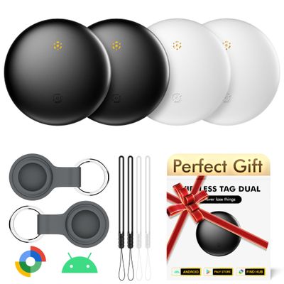 Air Tracker Tags-4 Pack for Android with Case- Bluetooth Tracker Item Finder for Key, Wallet - Works with Google Find Hub, IP66 Waterproof, Smart Tag for Android & Samsung Phones White & Black