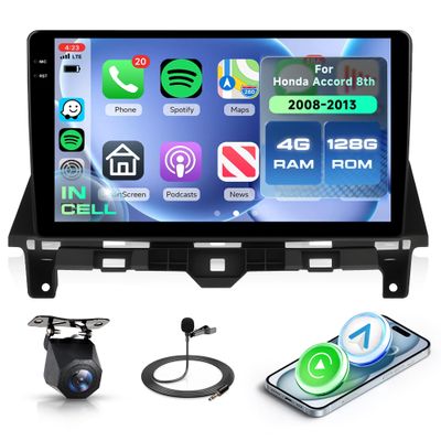4+128G Android 15 Car Stereo for Honda Accord 8th 2008-2013 with Wireless Carplay Android Auto, 10.1'' in-Cell Screen Head Unit with GPS/Bluetooth 5.0/FM RDS/EQ/Wi-Fi Mirror Link Backup Camera SWC