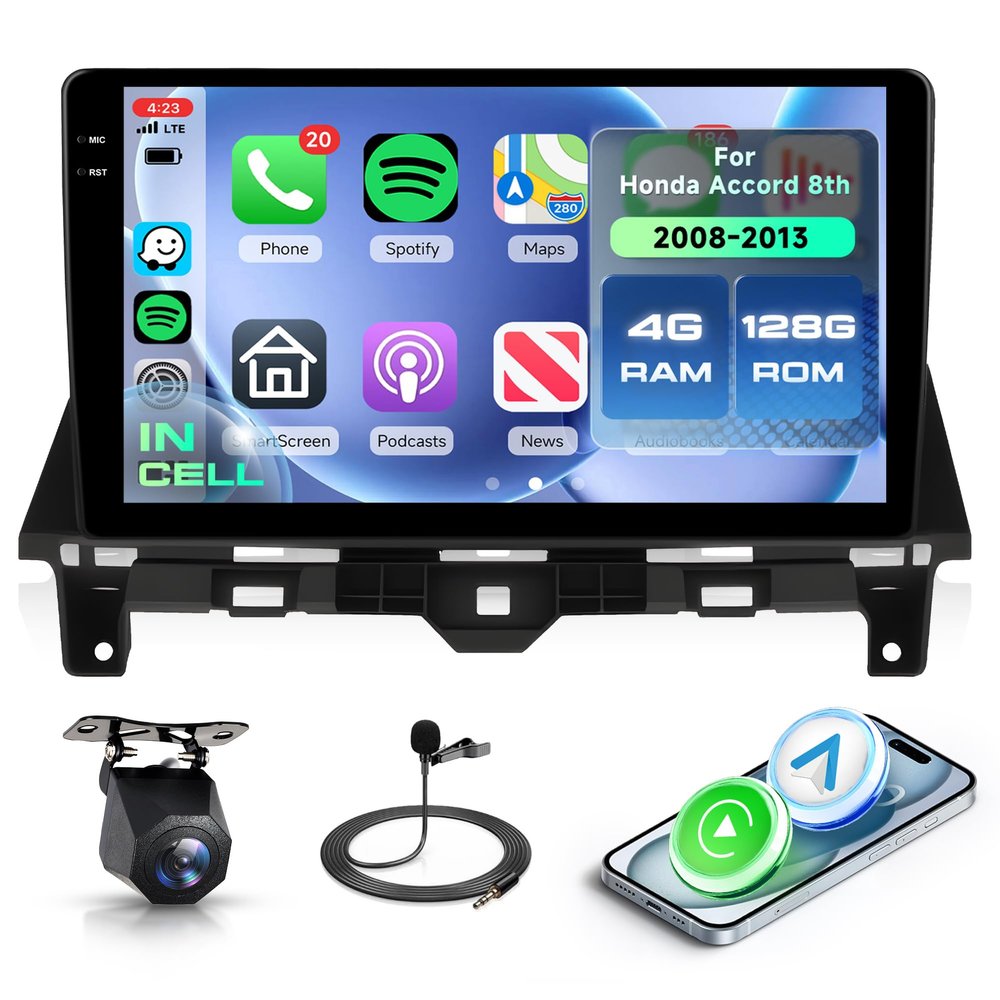 4+128G Android 15 Car Stereo for Honda Accord 8th 2008-2013 with Wireless Carplay Android Auto, 10.1'' in-Cell Screen Head Unit with GPS/Bluetooth 5.0/FM RDS/EQ/Wi-Fi Mirror Link Backup Camera SWC