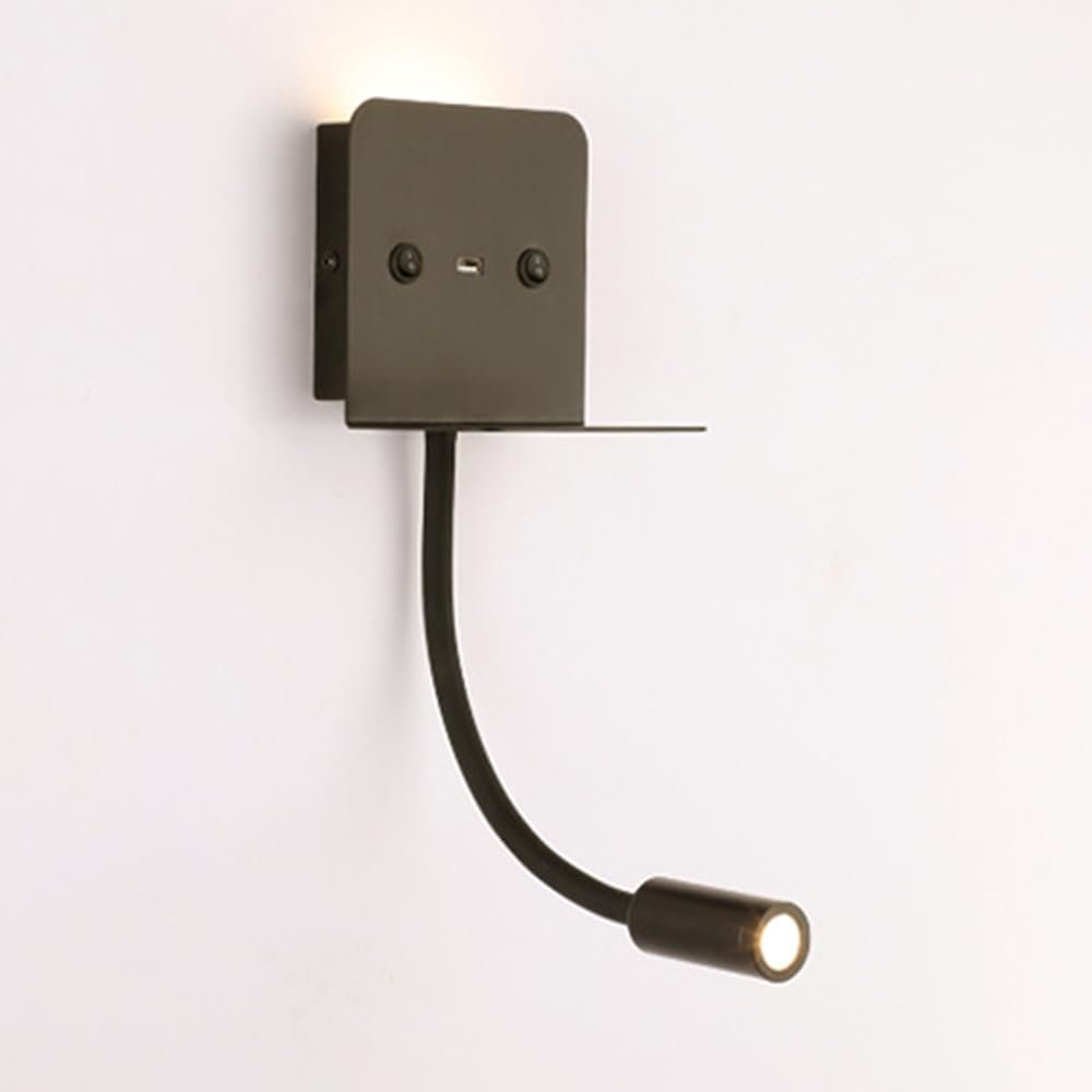 LED Gooseneck Wall Mount Reading Lamp Hardwired Wall Light, Modern Interior Lighting, USB Charging Port, Headboard Lamps for Bedroom Bedside Study Room