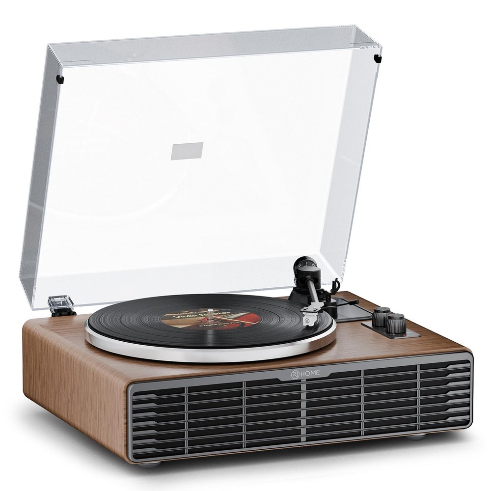 Vinyl Record Player, All-in-one Record Player with Built-in Speakers, Bluetooth Turntable for High Fidelity Sound, Aux-in Functionality, 2 Speed, for Sound Enjoyment and Home Decor (Walnut Wood)
