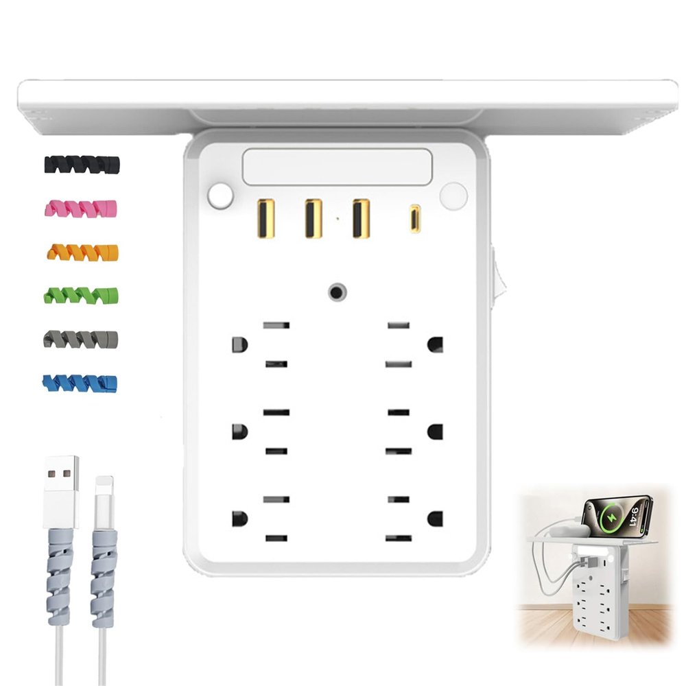 Wall Outlet Extender with Shelf & Night Light, Surge Protector Multi-Plug Outlet with 3 USB & 1 USB C Charging Ports, Flat Plug Power Socket Expander for Home & Office (1PC)