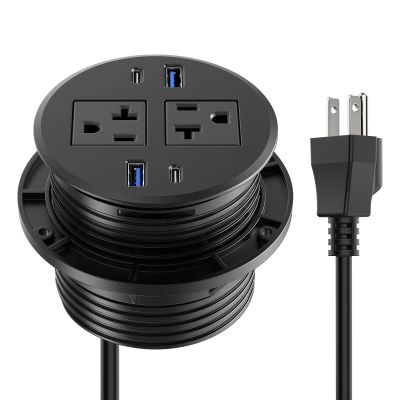 CCCEI 3.15 inch Power Grommet with USB Ports, Office Desk Hole Round Recessed Outlets, Flush Mount, Furniture Hidden High Amp Plug Station, Black, 10FT Extension Cord.