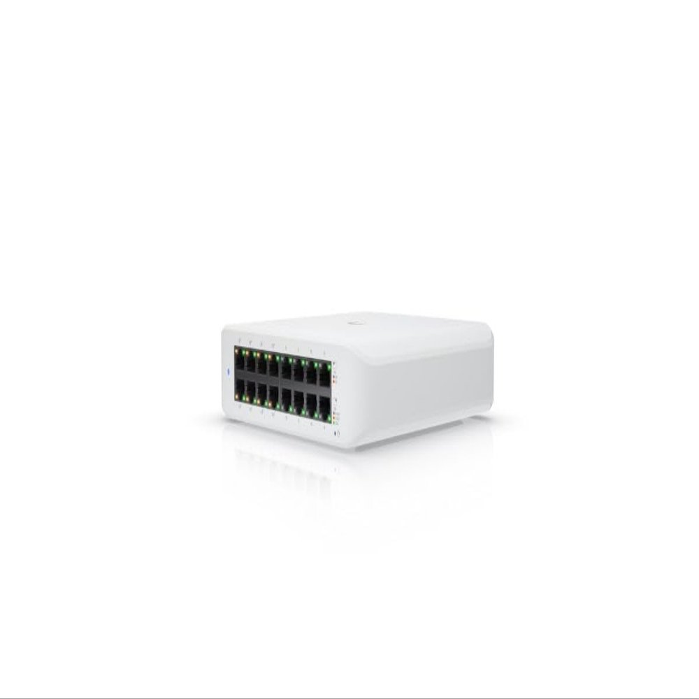 Ubiquity USW-Lite-16-POE Compact 16-Port Layer 2 PoE+ Switch with 8 PoE+ Ports, Fanless Cooling, Internal 60W AC/DC Power Supply, Wall and Desktop Mount Form Factor