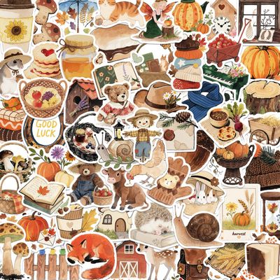 100 PCS Autumn Aesthetic Stickers, Thanksgiving Fall Stickers for Woman,Pumpkin Maple Leaf Animals Sticker for Water Bottles Laptop Scrapbooking,Harvest Party Favorites Decals for Adult