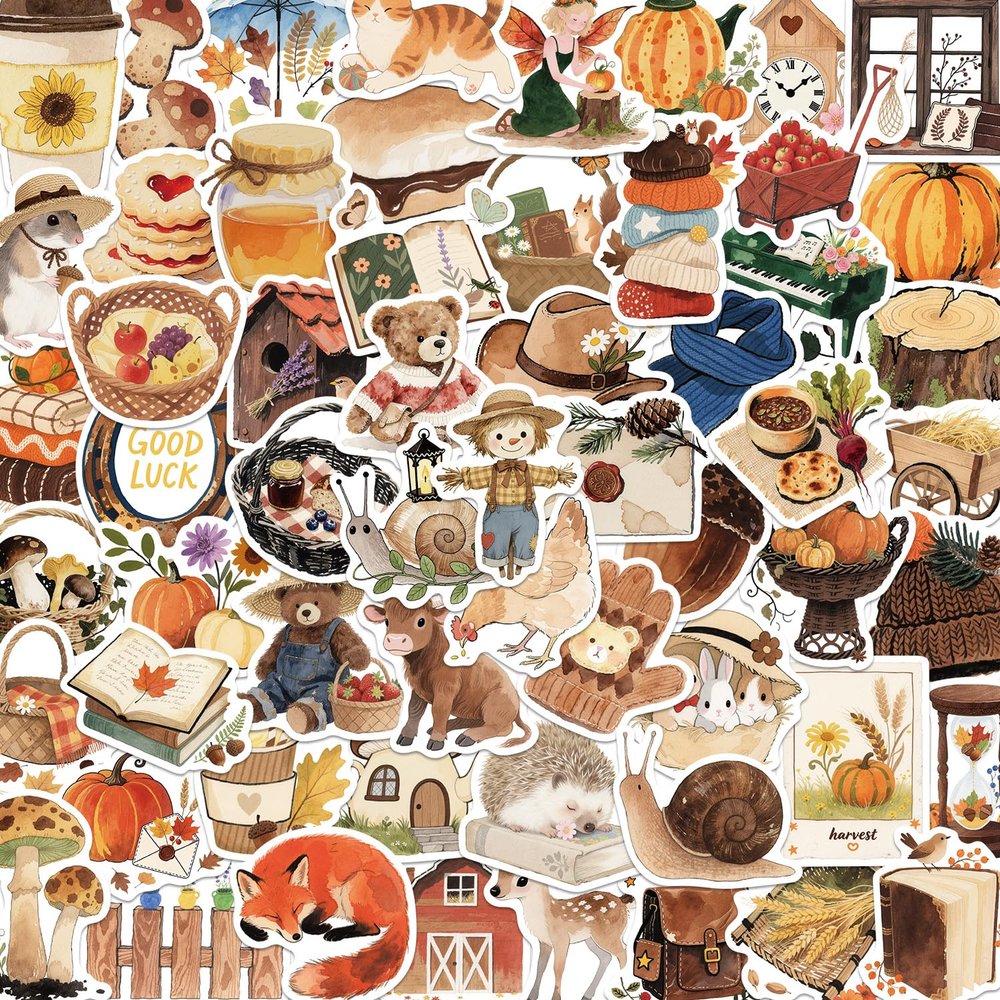 100 PCS Autumn Aesthetic Stickers, Thanksgiving Fall Stickers for Woman,Pumpkin Maple Leaf Animals Sticker for Water Bottles Laptop Scrapbooking,Harvest Party Favorites Decals for Adult