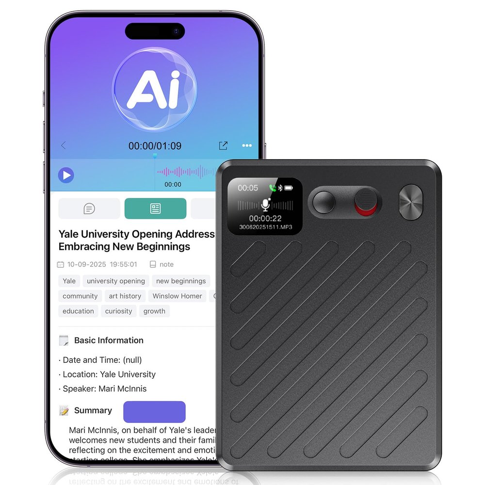AI Voice Recorder, Note Taking Device, Transcribe & Summarize, Voice Recorder With Display, App Control, Supports 132+ Languages, 100H, 64GB, Magnetic Audio Recorder for Lectures Meetings Calls, Black
