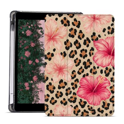 AdorableWhimsy Leopard Print Case for iPad 9th/7th/8th Generation(2021/2020/2019 10.2 Inch) Aesthetic Hibiscus Protective Cover Trifold Stand Pink Leather Soft Back with Pencil Holder