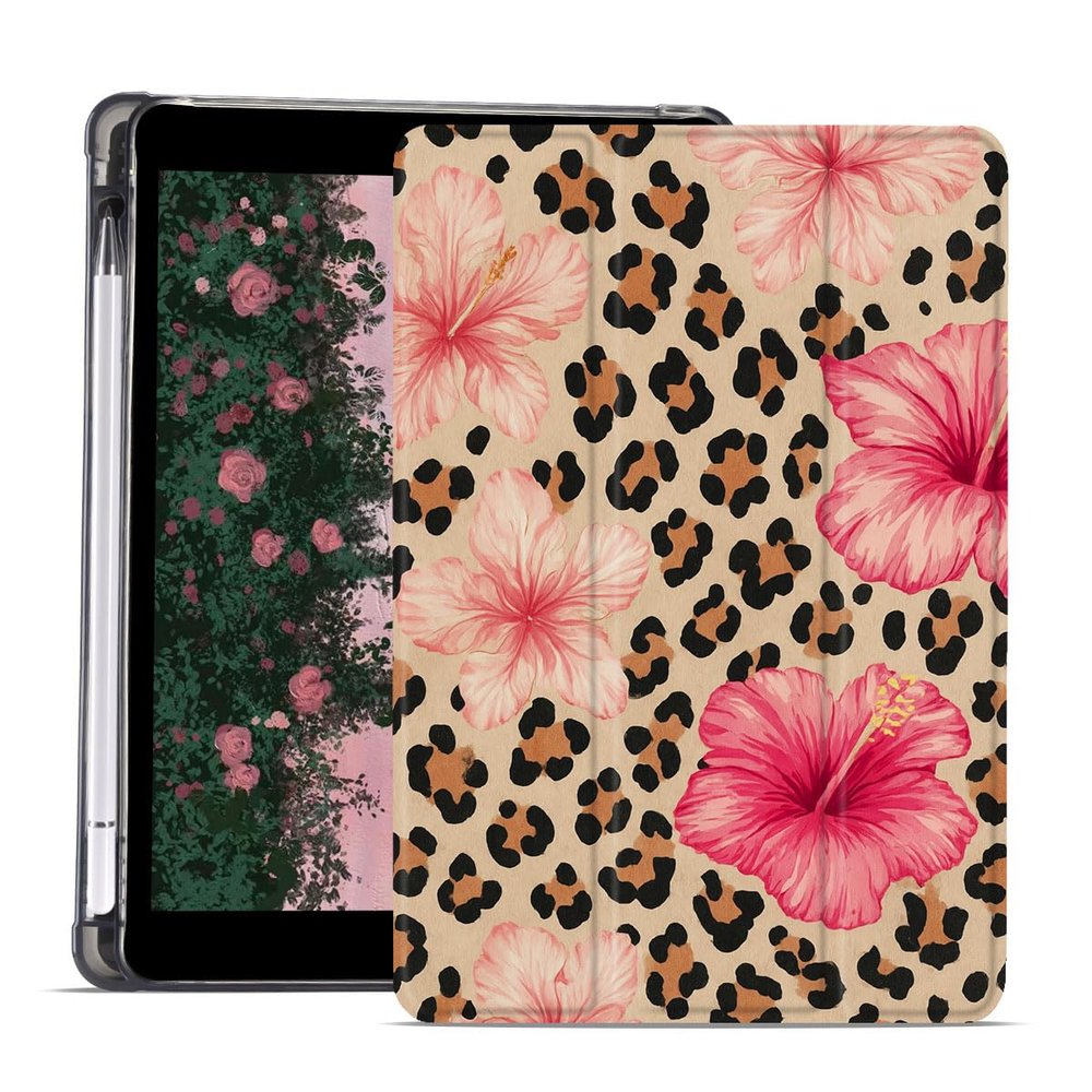 AdorableWhimsy Leopard Print Case for iPad 9th/7th/8th Generation(2021/2020/2019 10.2 Inch) Aesthetic Hibiscus Protective Cover Trifold Stand Pink Leather Soft Back with Pencil Holder